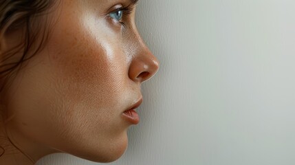   A tight shot of a woman's face featuring distinctive freckles sprinkled across her nostrils - obrazy, fototapety, plakaty