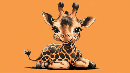 A messy art line sketch of a cute modern baby giraffe cartoon illustration