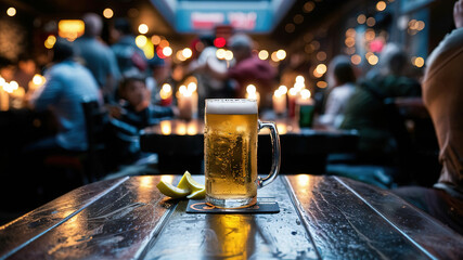 Beer standing on a table in a bar with people in the background