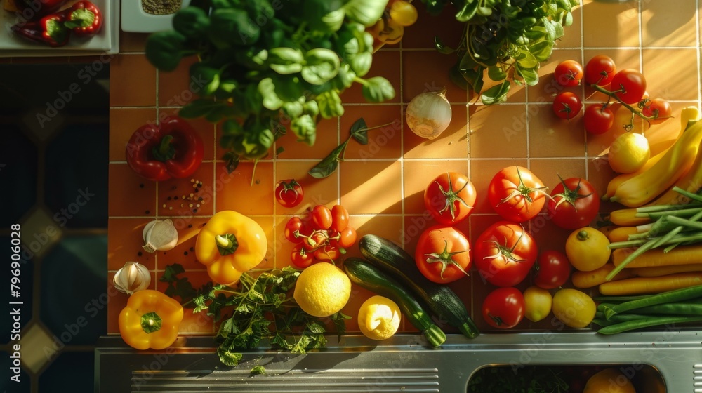 Poster a bunch of vegetables are on a counter top next to each other. generative ai.