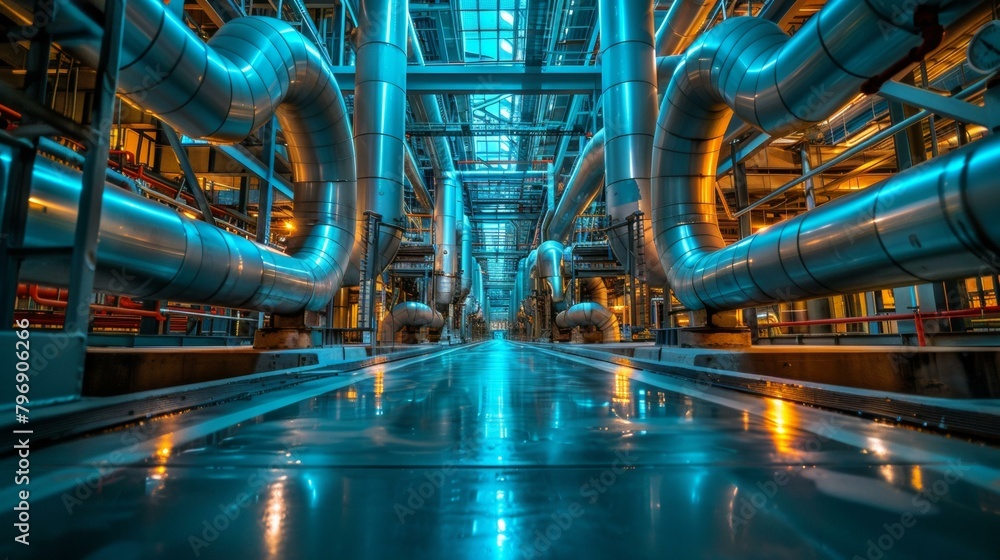 Poster a long metal pipe system in a large building with lots of pipes. generative ai.