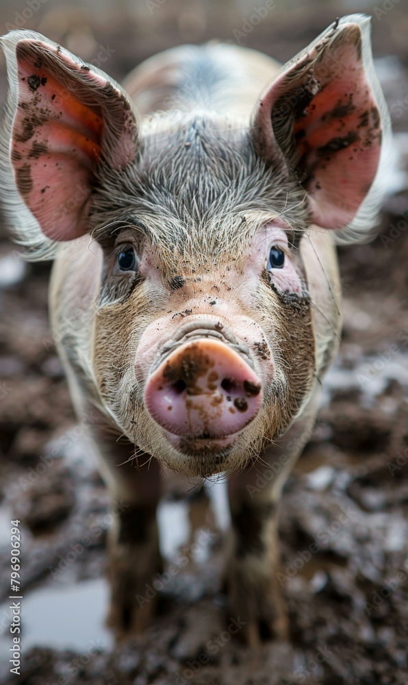 Poster a pig with a big nose and ears standing in mud. generative ai.