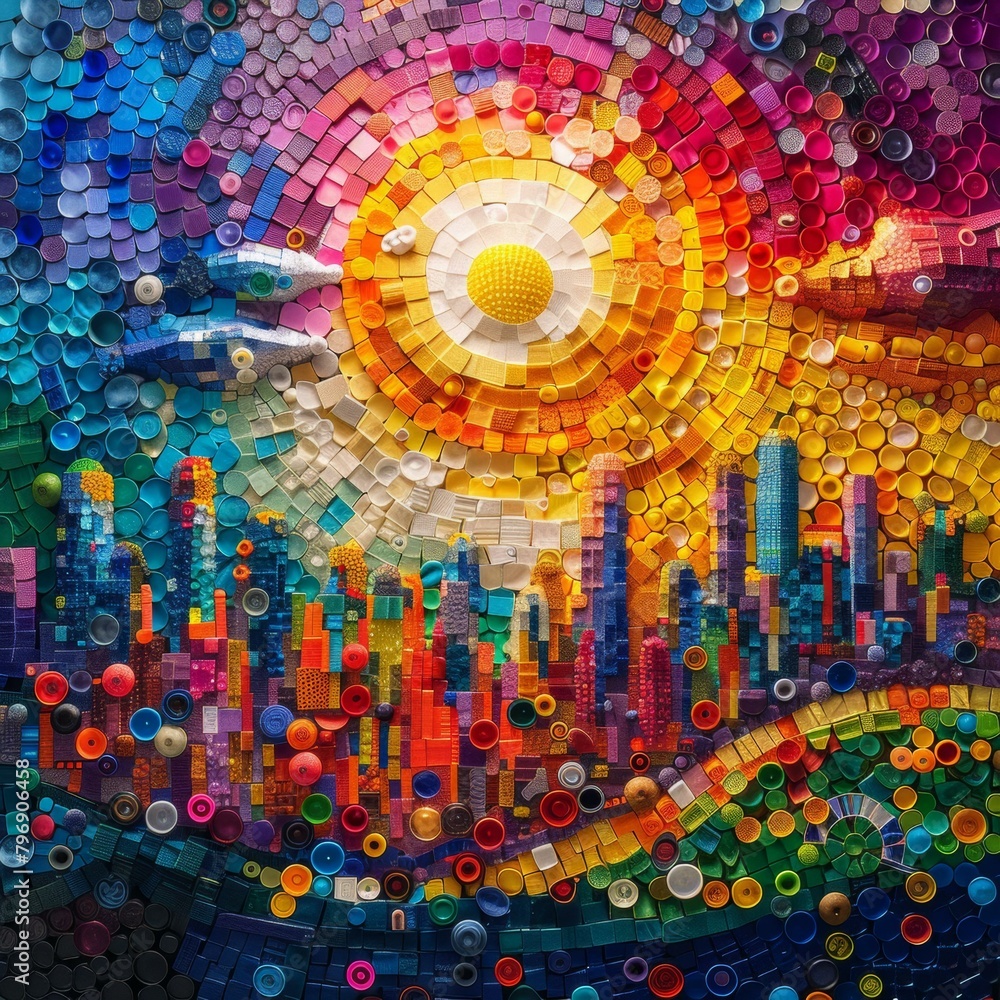 Poster a colorful mosaic of a cityscape with many different colors. generative ai.