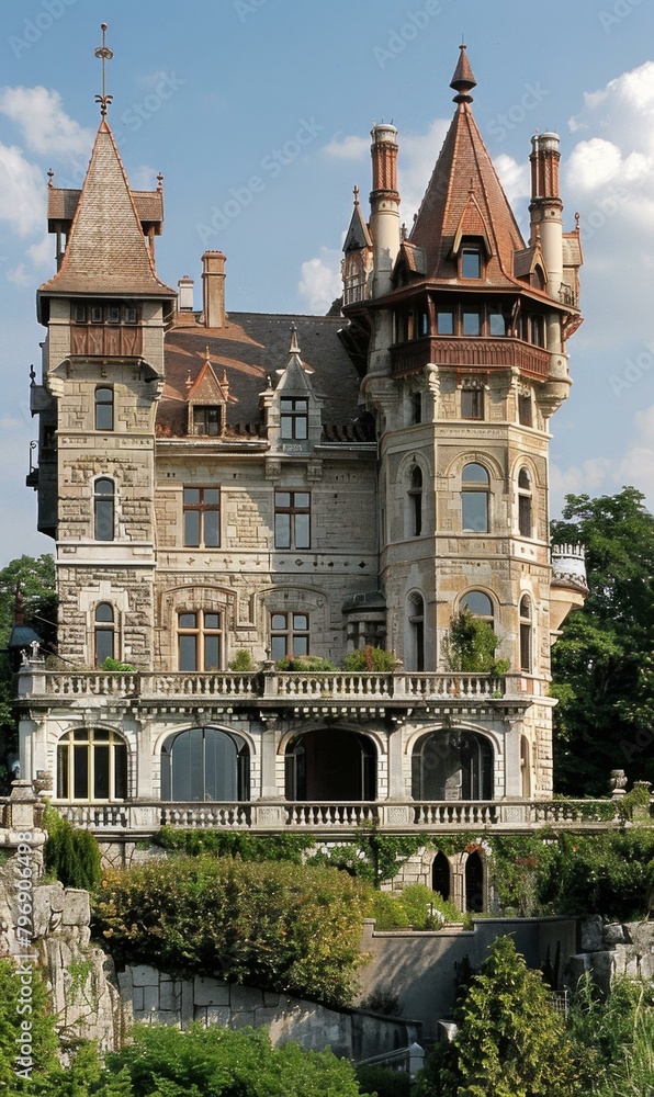 Poster a large castle-like building with a tower and turrets. generative ai.