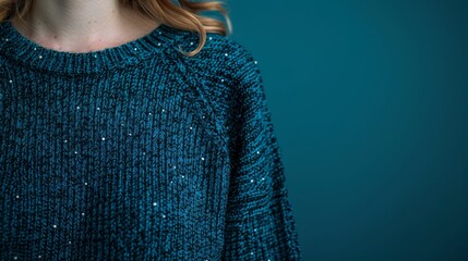   A woman wears a blue sweater with sequins at the back, as depicted in this close-up image - obrazy, fototapety, plakaty