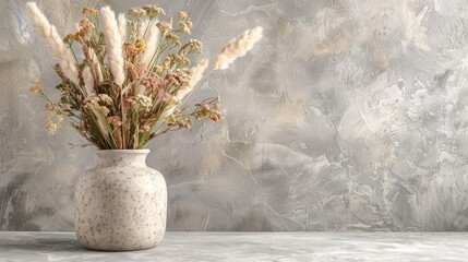   A white vase, brimming with numerous flowers, sits atop a pristine white table Nearby, two gray walls flank the scene Behind, another gray wall extends - obrazy, fototapety, plakaty