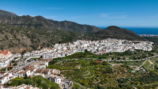 Aerial drone footage of Frigiliana, one of the white towns in Andalusia, Costa del sol,  Spain.