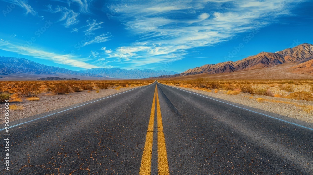 Aufkleber a long empty road in the desert with mountains and clouds. generative ai.