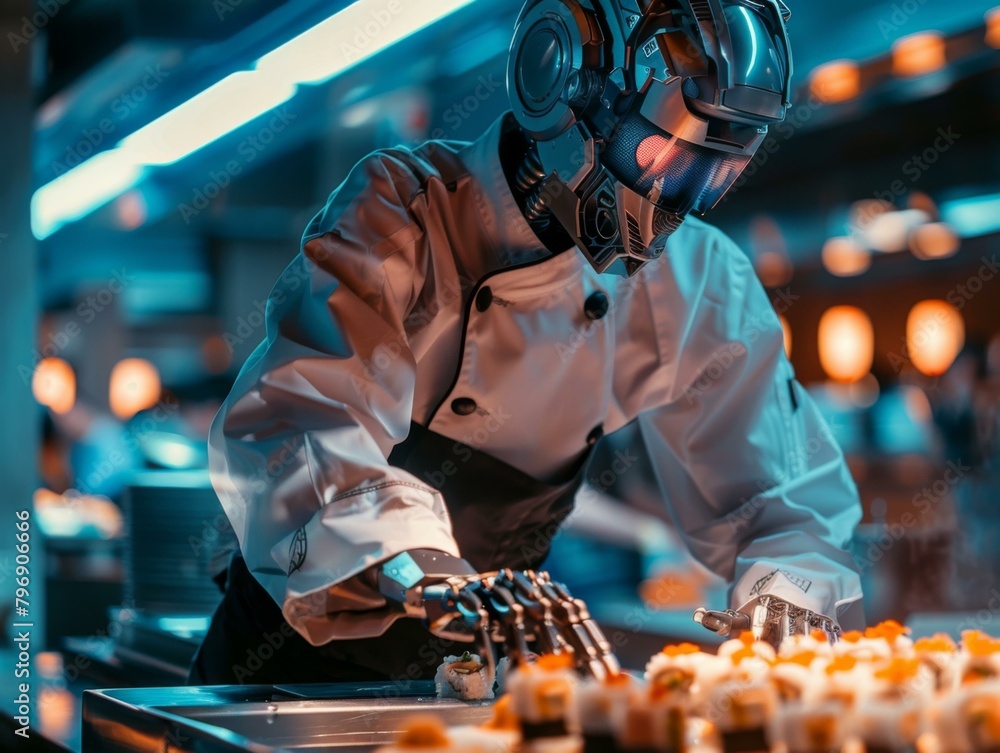 Poster a robot chef preparing sushi in a kitchen with other robots. generative ai.