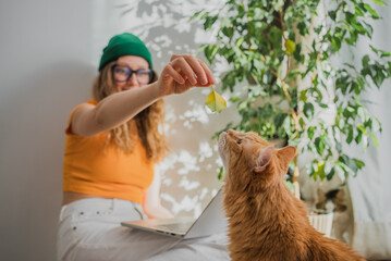 Playful Orange Cat with Woman Distracted from Laptop Work by Houseplant. A joyful woman engages with her ginger cat, playfully dangling a leaf in a light-filled room, capturing a moment of connection