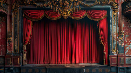 Capture the drama: A theater stage adorned with vibrant red curtains, illuminated by powerful spotlights, evoking the allure of the performing arts. Perfect for creative projects