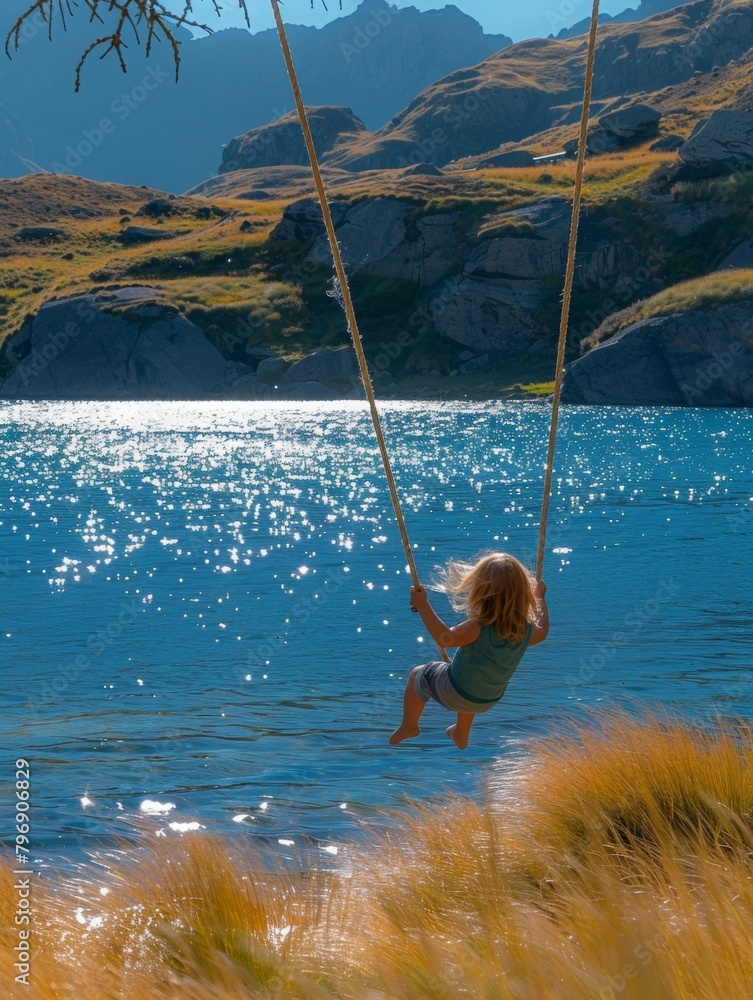 Sticker A little girl swinging on a rope swing by the water. Generative AI.