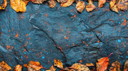   A collection of leaves atop a blue rock, adorned with orange and yellow lichens and rust