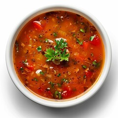 Homemade Hearty Vegetable Soup in a Rustic White Bowl with Fresh Herbs