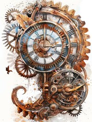 Fototapeta na wymiar Highly Detailed Steampunk Clockwork in Vibrant Watercolor Hues