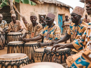 A group of men sitting around a drum set in front of some buildings. Generative AI.