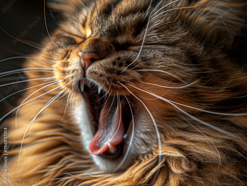 Poster a close up of a cat yawning with its mouth open. generative ai.