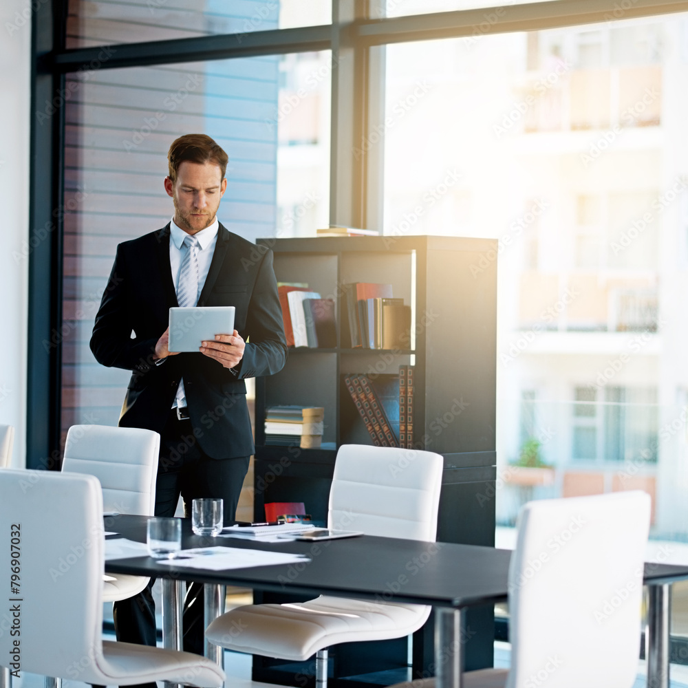 Poster corporate, man and tablet in boardroom for internet or search, information and networking as broker.