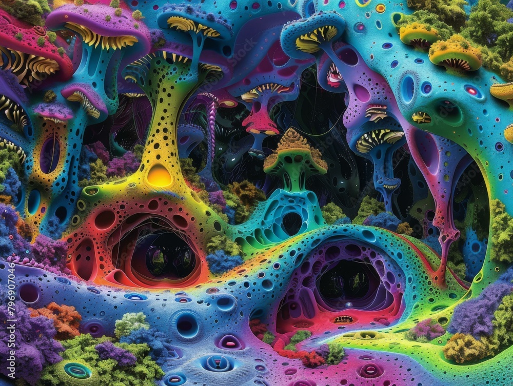 Aufkleber a psychedelic painting of mushrooms and other colorful objects. generative ai.