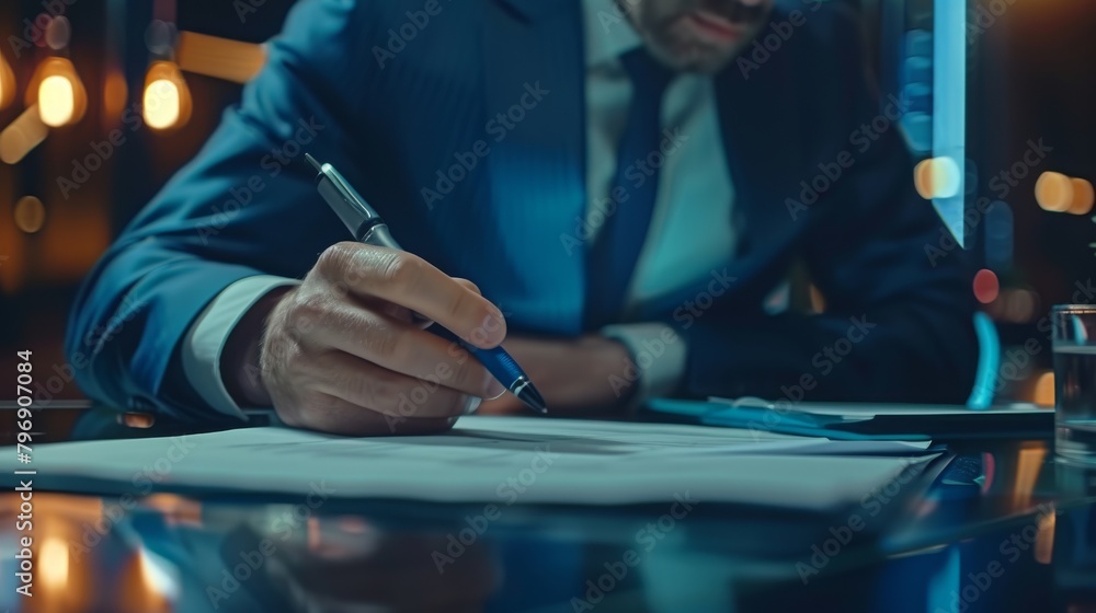 Wall mural businessman signs contract investment professional documents with a pen making the signature. financ