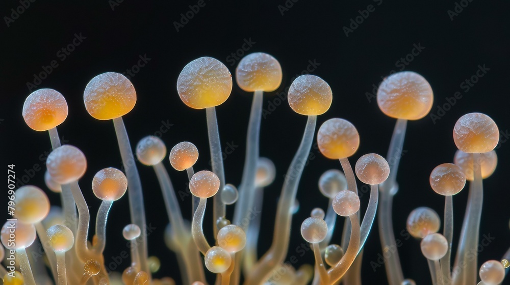 Poster a close up of a bunch of mushrooms with their caps open. generative ai.