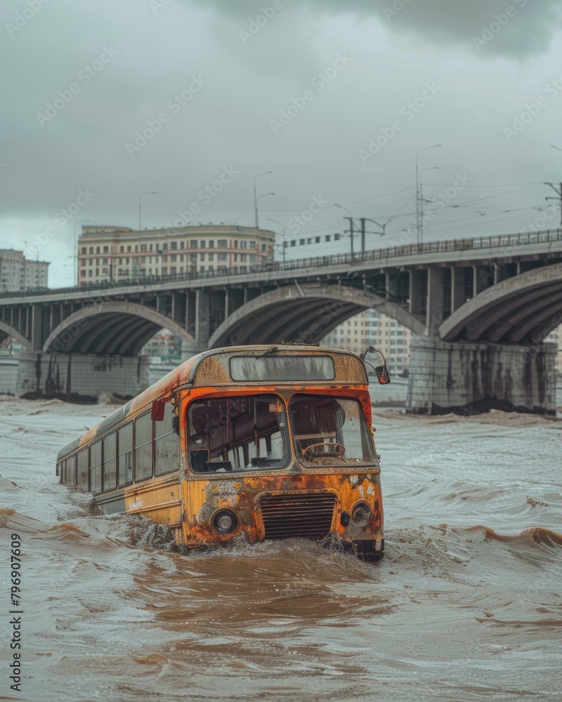 Poster a bus is submerged in water under a bridge. generative ai.
