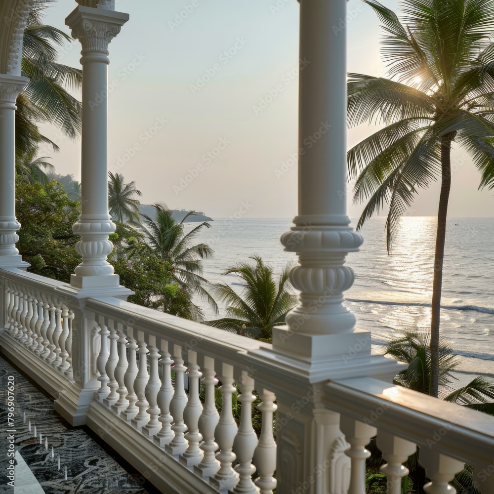 Aufkleber a balcony overlooking the ocean with a view of palm trees. generative ai.