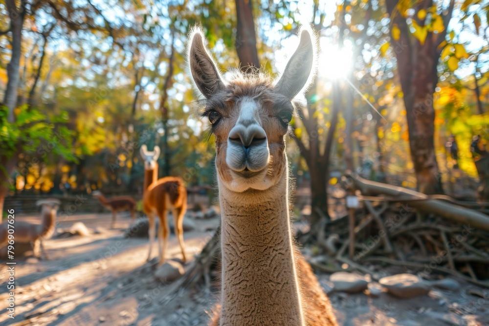 Poster a llama standing in the middle of a forest with other animals. generative ai.