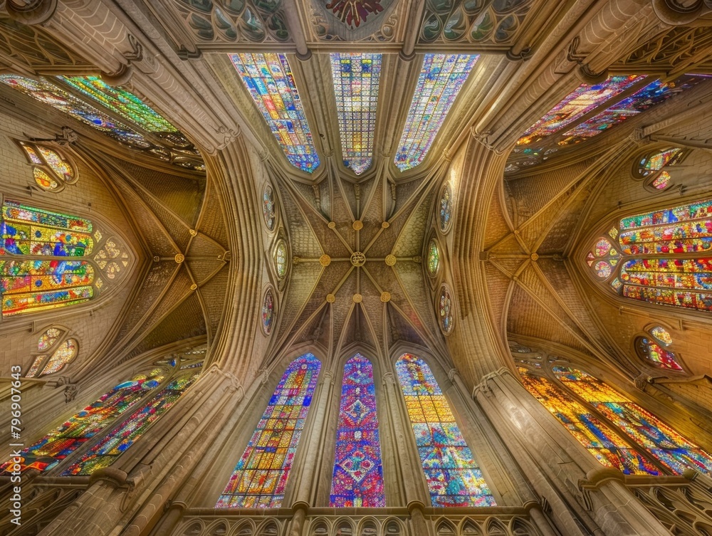 Poster a view of a ceiling with stained glass windows in it. generative ai.