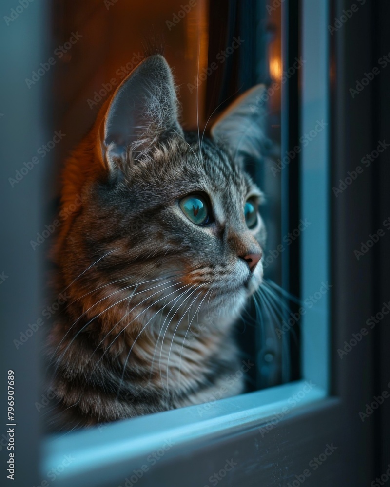 Poster a cat looking out a window with its eyes open. generative ai.