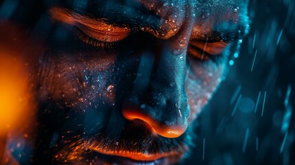 A close up of a man with his eyes closed in the rain. Generative AI.
