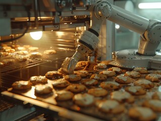 A robot is making cookies in a factory oven. Generative AI.