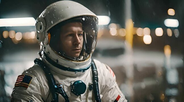 Astronaut in Space Suit Standing in Rain