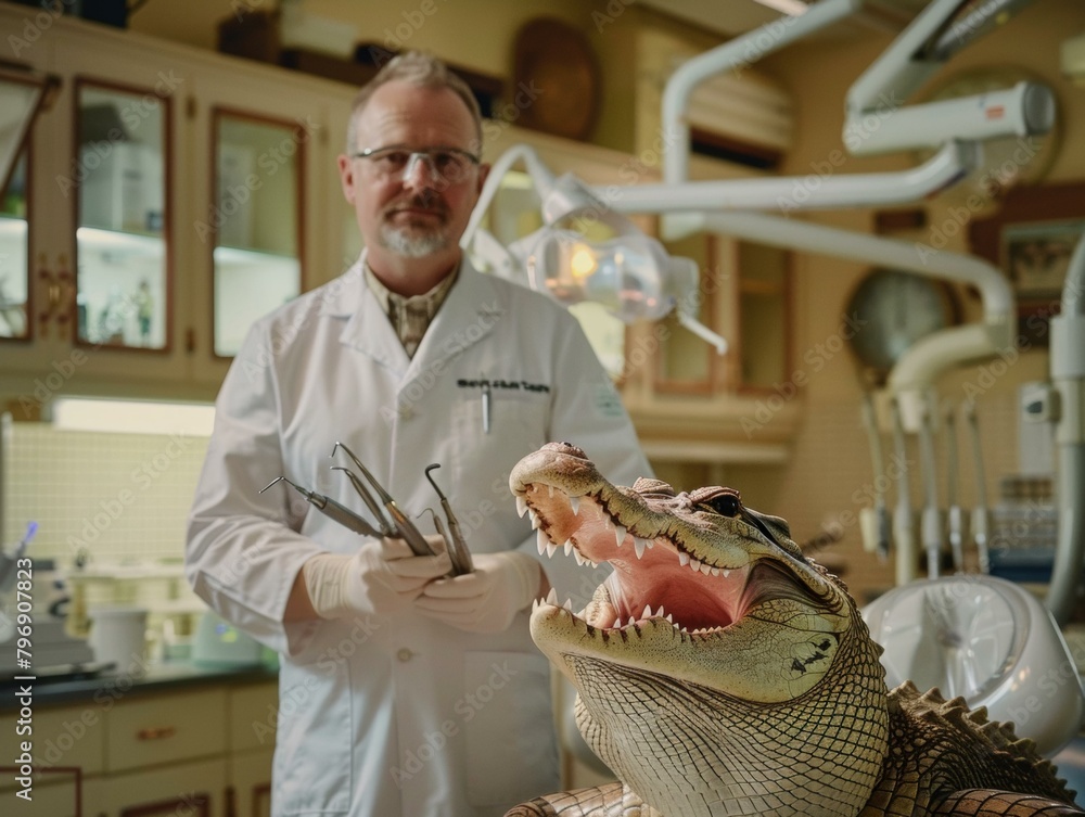 Wall mural A man in a white coat standing next to an alligator. Generative AI.