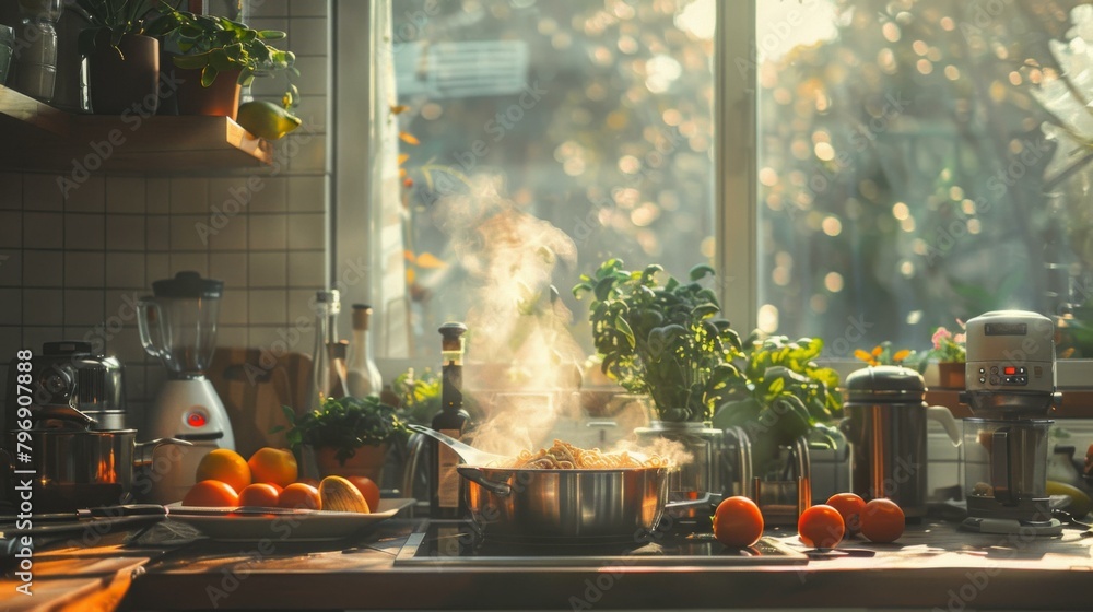 Poster a pot of food steaming on a stove top next to some oranges. generative ai.