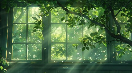   A sunlit window frames a tree, its sill adorned with leafy branches