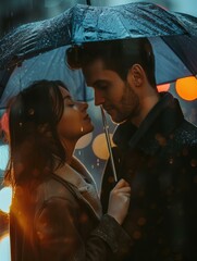 A man and woman kissing under an umbrella in the rain. Generative AI.