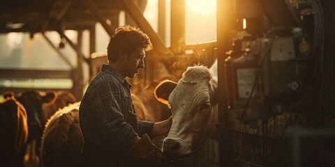 A man in a plaid shirt feeding cows with his hand. Generative AI.