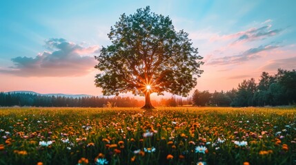   A solitary tree in the field, framed by a sunset background, and adorned with flowers in the foreground - obrazy, fototapety, plakaty