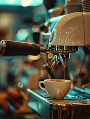 A coffee being poured into a cup from an espressor. Generative AI.