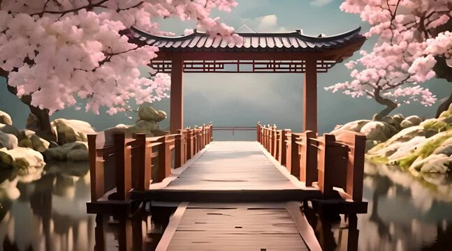 Chinese zen garden with cherry blossom trees and bridge 3d render