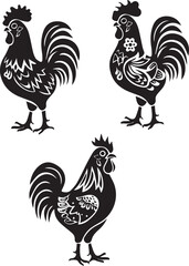 Set of Rooster silhouettes on white background	
