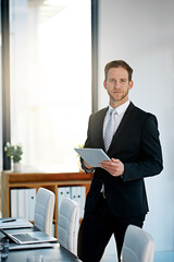 Portrait, tablet and business man in suit in office, company and workplace for corporate job in...
