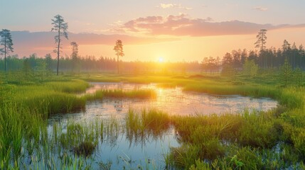   The sun sets over a marsh, tall grasses border it, and beyond lies a forest of towering trees