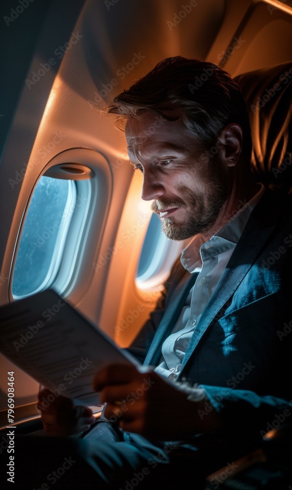 Poster a man in a suit reading on an airplane while sitting. generative ai.