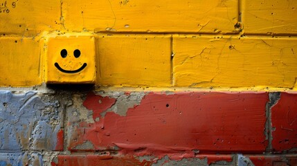   A smiley face on a yellow wall with red and blue accents, adjacent to a red-and-white brick wall