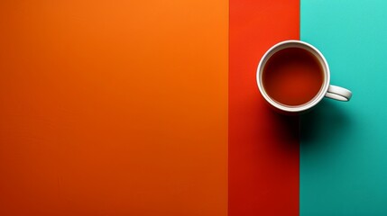   A cup of coffee atop a table near a multicolored wall One cup present