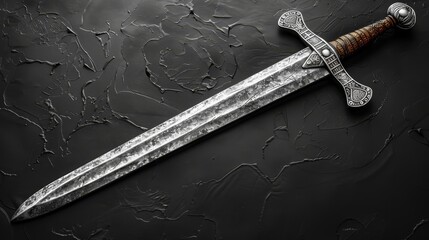   A sword with a black surface, featuring a wooden handle and a wooden sheath encasing the middle section, is not a knife but rather a type of sword - obrazy, fototapety, plakaty