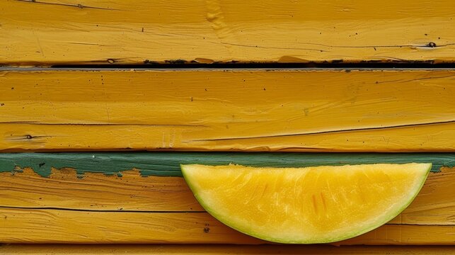  A yellow fruit sits atop a weathered wooden surface Nearby, a green fruit is bitten, revealing its interior