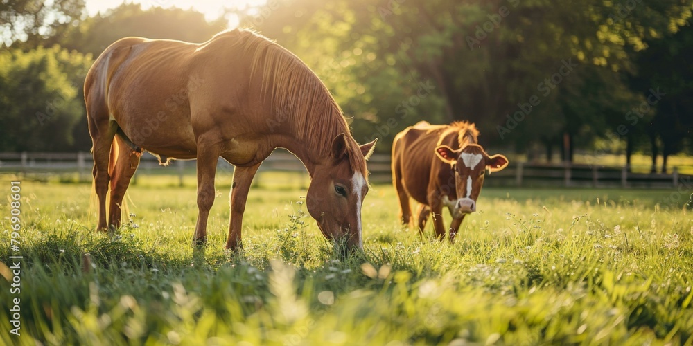 Poster two horses grazing in a field with trees behind them. generative ai.
